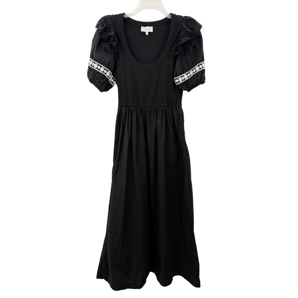 Anthropologie Cleobella Selma Midi Dress Size S Black Embroidered Puff Sleeve - Picture 2 of 11